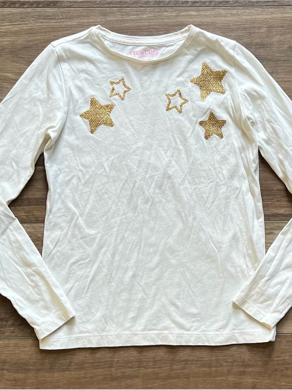 Crewcuts Ivory Long-Sleeve Tee with Gold Sequin Stars girls 10-11